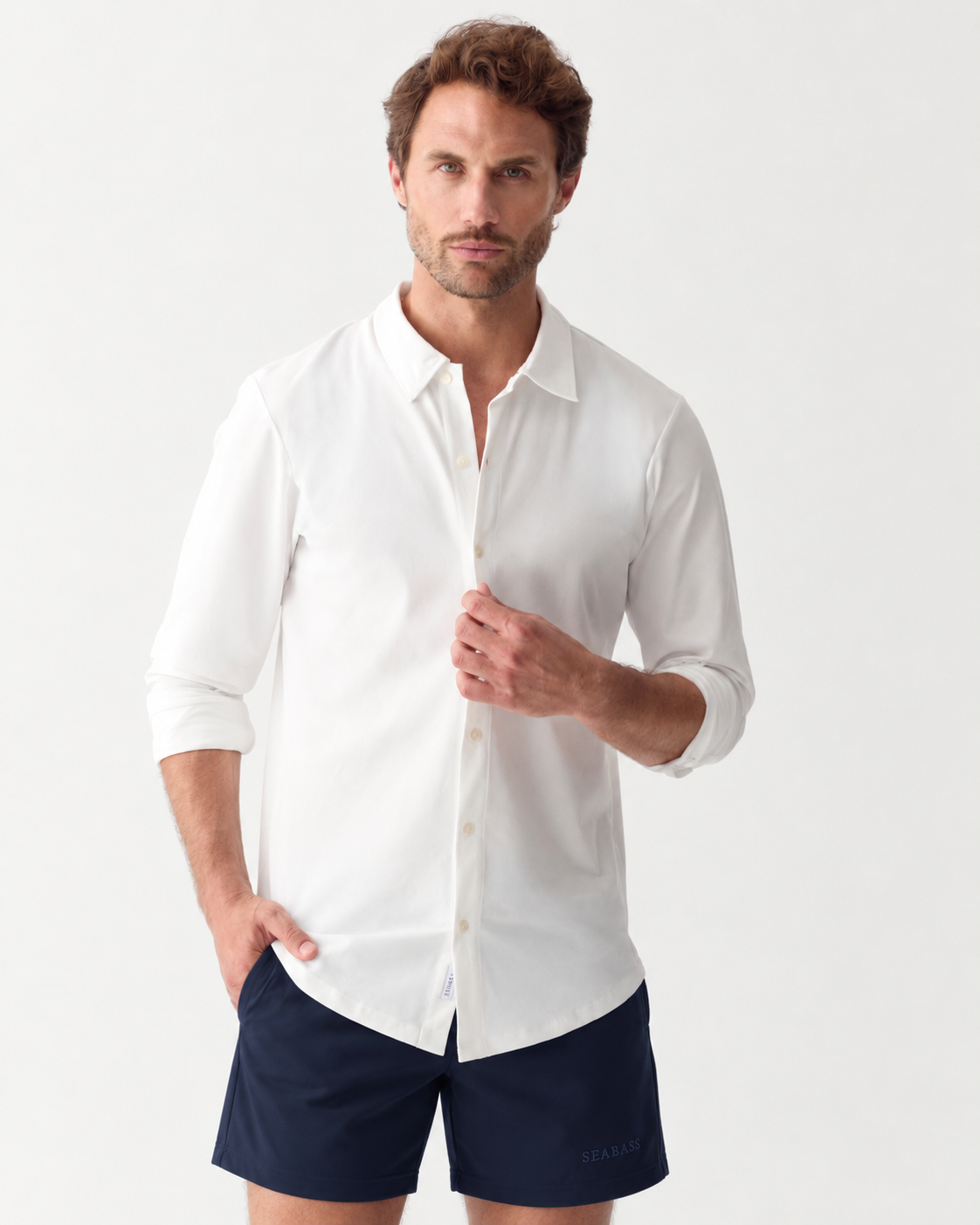 Men UV Classic Button Shirt Bar White